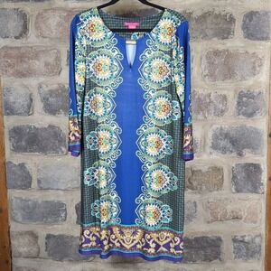 Sunny Leigh Dress Woman's Large Blue Boho Damask Print Peephole Colorful‎